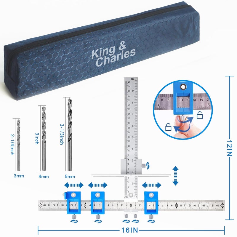 King&Charles Cabinet Hardware Jig, Metal Cabinet Handle Jig with 3pcs Point Wood Drils Bits - Use for Handles Pulls Knobs on Drawers/Doors, Wood Drilling Dowelling Guide Set. - Image 2