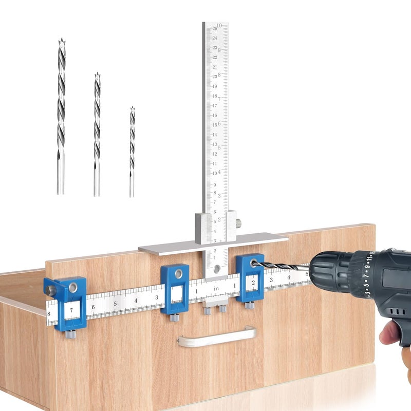 King&Charles Cabinet Hardware Jig, Metal Cabinet Handle Jig with 3pcs Point Wood Drils Bits - Use for Handles Pulls Knobs on Drawers/Doors, Wood Drilling Dowelling Guide Set. - Image 1