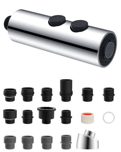Hibbent Metal Pull Down Kitchen Faucet Head Replacement with 15 Adapters Sink Spray Head 2 Function Spray Nozzle Compatible with Moen American Standard Delta Kohler Faucets Chrome Silver - Image 1