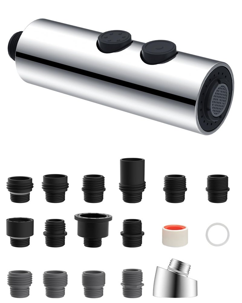 Hibbent Metal Pull Down Kitchen Faucet Head Replacement with 15 Adapters Sink Spray Head 2 Function Spray Nozzle Compatible with Moen American Standard Delta Kohler Faucets Chrome Silver - Image 2