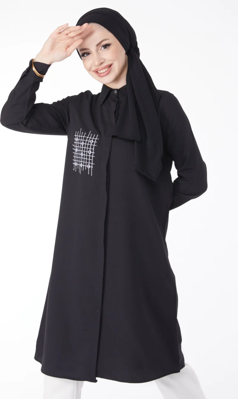 Tofisa Plain Shirt Collar Women's Black Pocket Embroidery Detail Tunic - 13123
