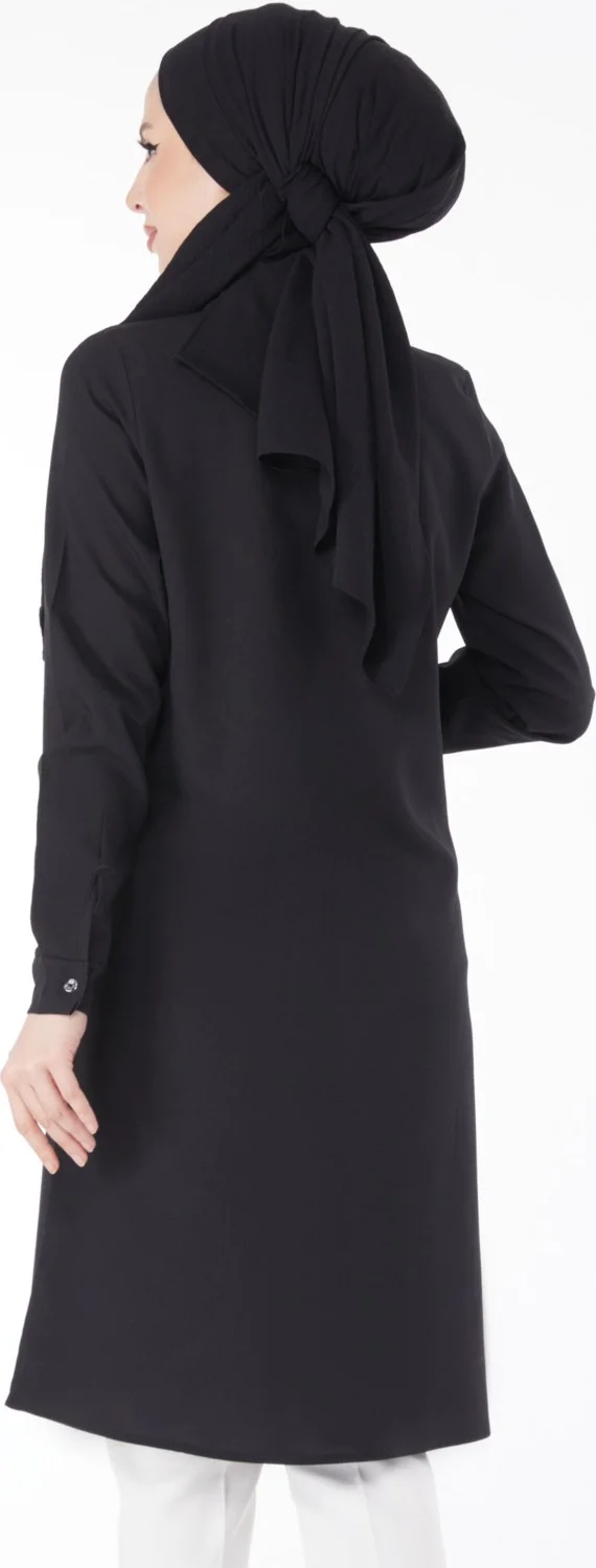 Tofisa Plain Shirt Collar Women's Black Pocket Embroidery Detail Tunic - 13123