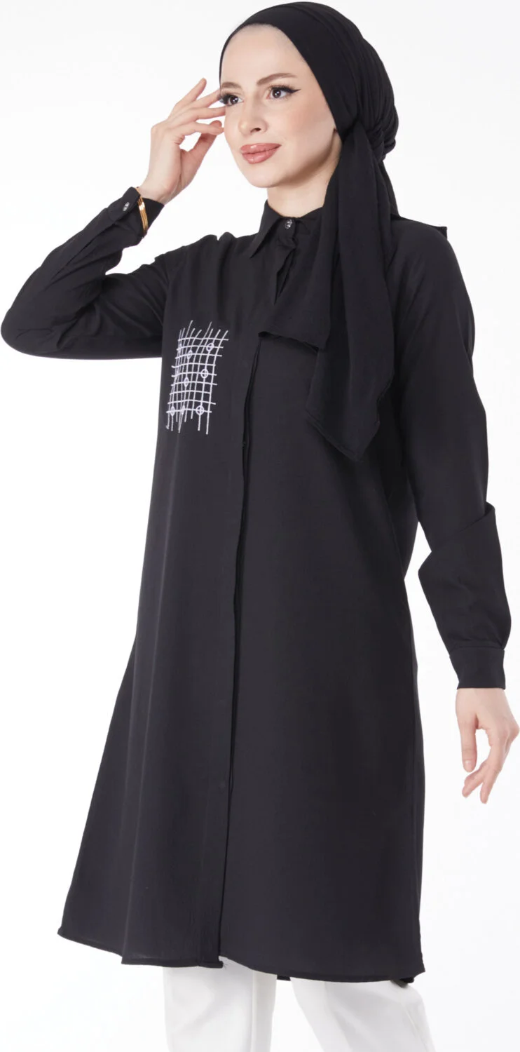 Tofisa Plain Shirt Collar Women's Black Pocket Embroidery Detail Tunic - 13123