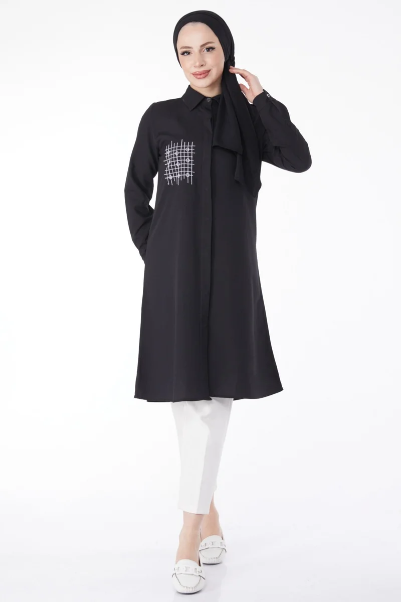 Tofisa Plain Shirt Collar Women's Black Pocket Embroidery Detail Tunic - 13123