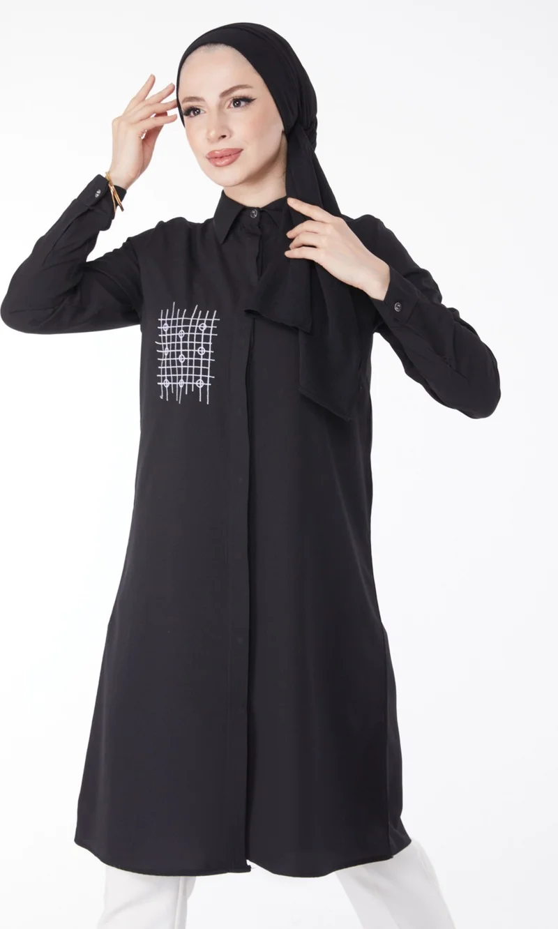 Tofisa Plain Shirt Collar Women's Black Pocket Embroidery Detail Tunic - 13123