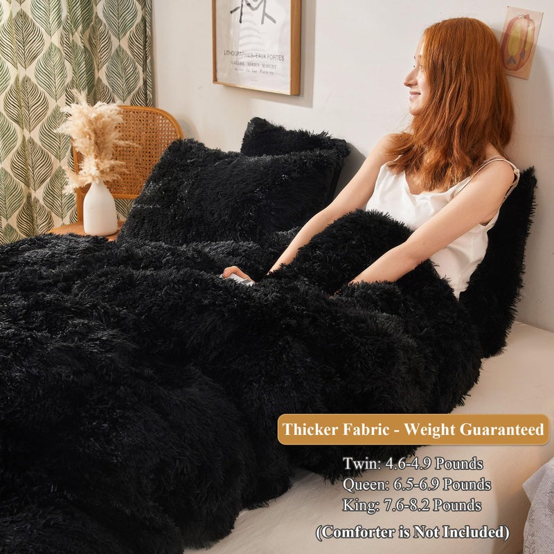 XeGe Plush Shaggy Duvet Cover Set, Luxury Ultra Soft Crystal Velvet Fluffy Bedding Sets 2 Pieces(1 Faux Fur Furry Comforter Cover + 1 Fuzzy Faux Fur Pillow Case), Zipper Closure (Twin, Black) - Image 3