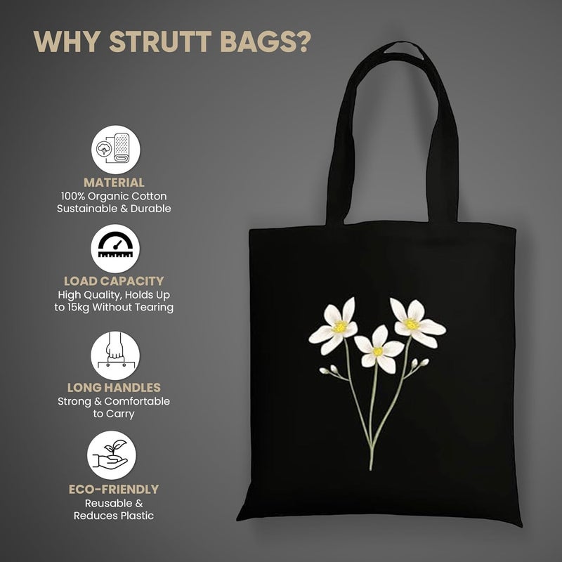 STRUTT حقيبة قماش قابلة للطي للنساء، حقيبة للتسوق للفتيات الجامعيات، حقيبة تسوق قابلة لإعادة الاستخدام من قطن عضوي 100%، حقيبة متعددة الاستخدامات صديقة للبيئة للسفر والاستخدام اليومي - ديزي البيضاء - Image 2