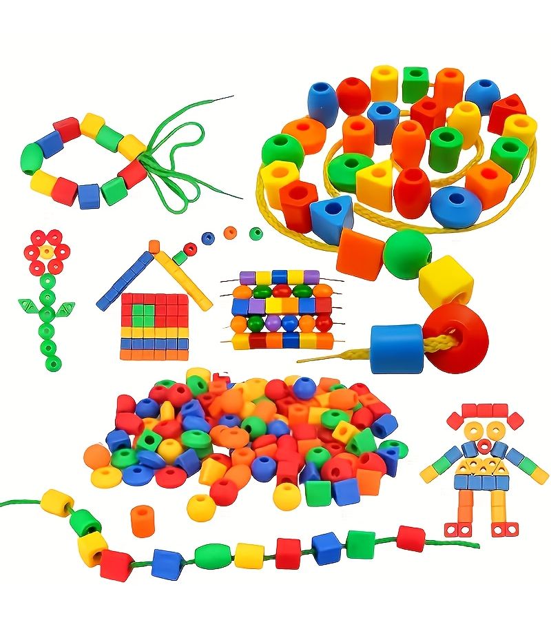 60Pcs Non Toxic Educational Threading Bead Toy Shape Color Sorting Set With Strings For 3 Year Old - Image 1