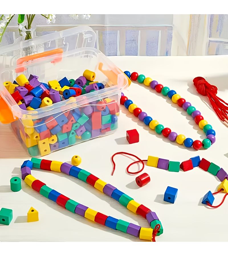 60Pcs Non Toxic Educational Threading Bead Toy Shape Color Sorting Set With Strings For 3 Year Old - Image 3