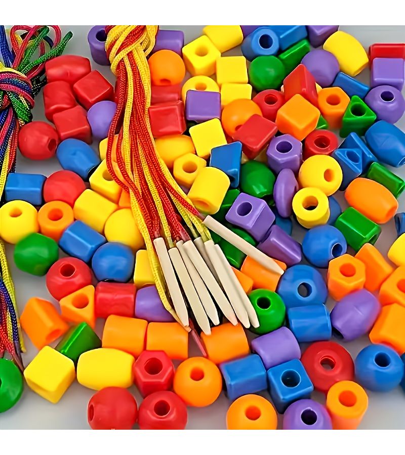 60Pcs Non Toxic Educational Threading Bead Toy Shape Color Sorting Set With Strings For 3 Year Old - Image 2