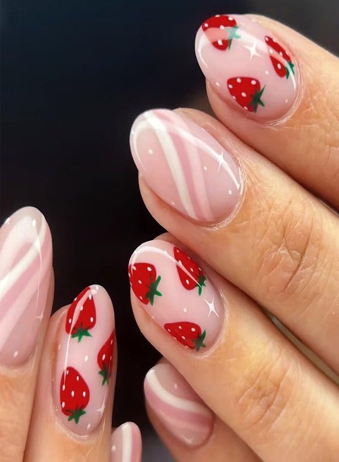 HJKDSFD Cute Pink Press on Nails Short Oval Acrylic Fake Nails Sweet Strawberry False Nails with Stripes Design Glossy Artificial Glue on Nail Full Cover Stick on Nails for Women and Girls 24 Pcs - Image 1