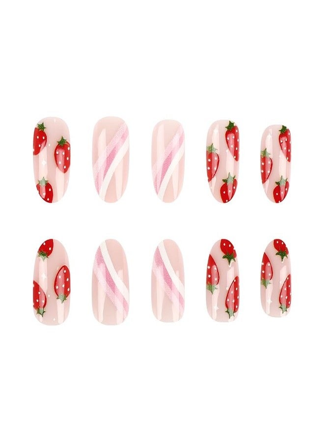 HJKDSFD Cute Pink Press on Nails Short Oval Acrylic Fake Nails Sweet Strawberry False Nails with Stripes Design Glossy Artificial Glue on Nail Full Cover Stick on Nails for Women and Girls 24 Pcs - Image 4