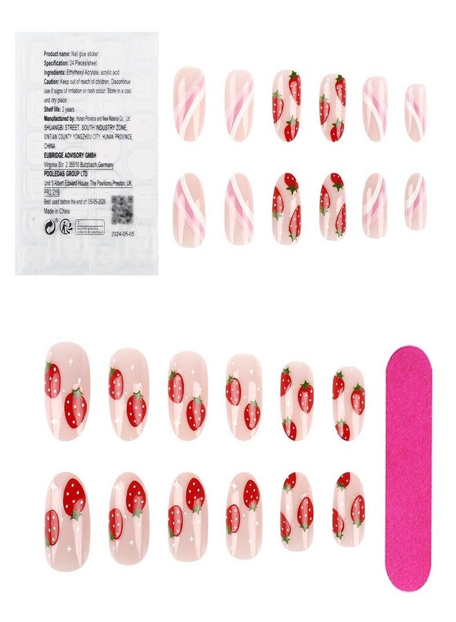 HJKDSFD Cute Pink Press on Nails Short Oval Acrylic Fake Nails Sweet Strawberry False Nails with Stripes Design Glossy Artificial Glue on Nail Full Cover Stick on Nails for Women and Girls 24 Pcs - Image 3