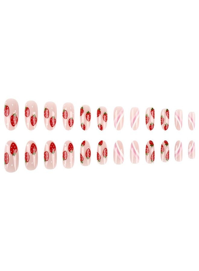 HJKDSFD Cute Pink Press on Nails Short Oval Acrylic Fake Nails Sweet Strawberry False Nails with Stripes Design Glossy Artificial Glue on Nail Full Cover Stick on Nails for Women and Girls 24 Pcs - Image 5
