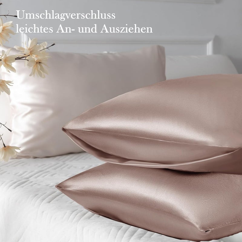 Vielit Set of 2 Satin Pillow Cases 50 x 70 cm, Oeko-Tex Certified, Similar to Silk Pillowcases, Anti-Hair Loss, and 2 Scrunchies, Taupe - Image 3