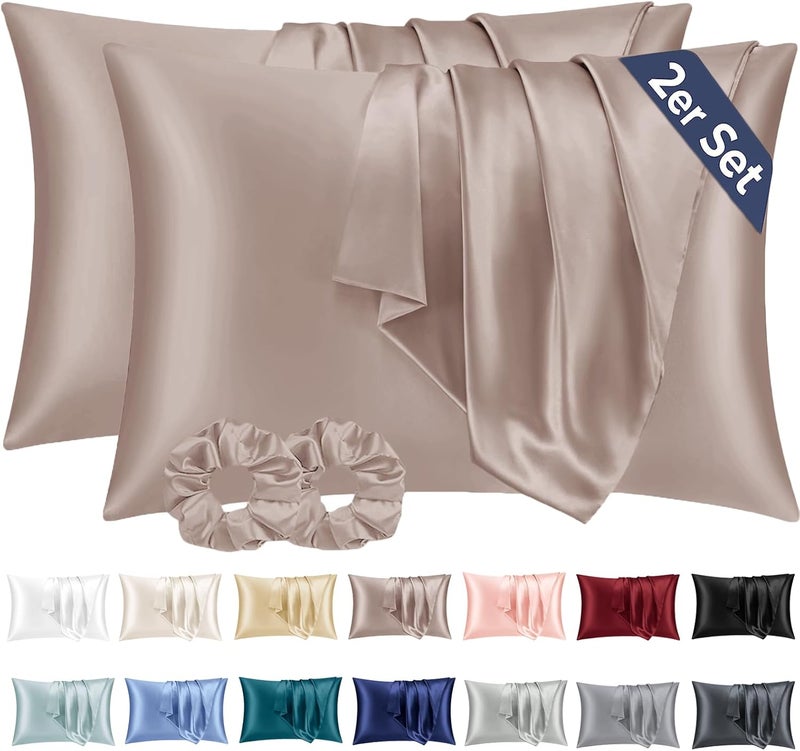 Vielit Set of 2 Satin Pillow Cases 50 x 70 cm, Oeko-Tex Certified, Similar to Silk Pillowcases, Anti-Hair Loss, and 2 Scrunchies, Taupe - Image 1