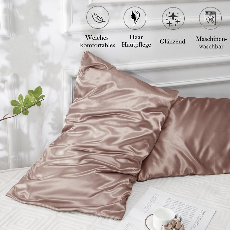 Vielit Set of 2 Satin Pillow Cases 50 x 70 cm, Oeko-Tex Certified, Similar to Silk Pillowcases, Anti-Hair Loss, and 2 Scrunchies, Taupe - Image 5