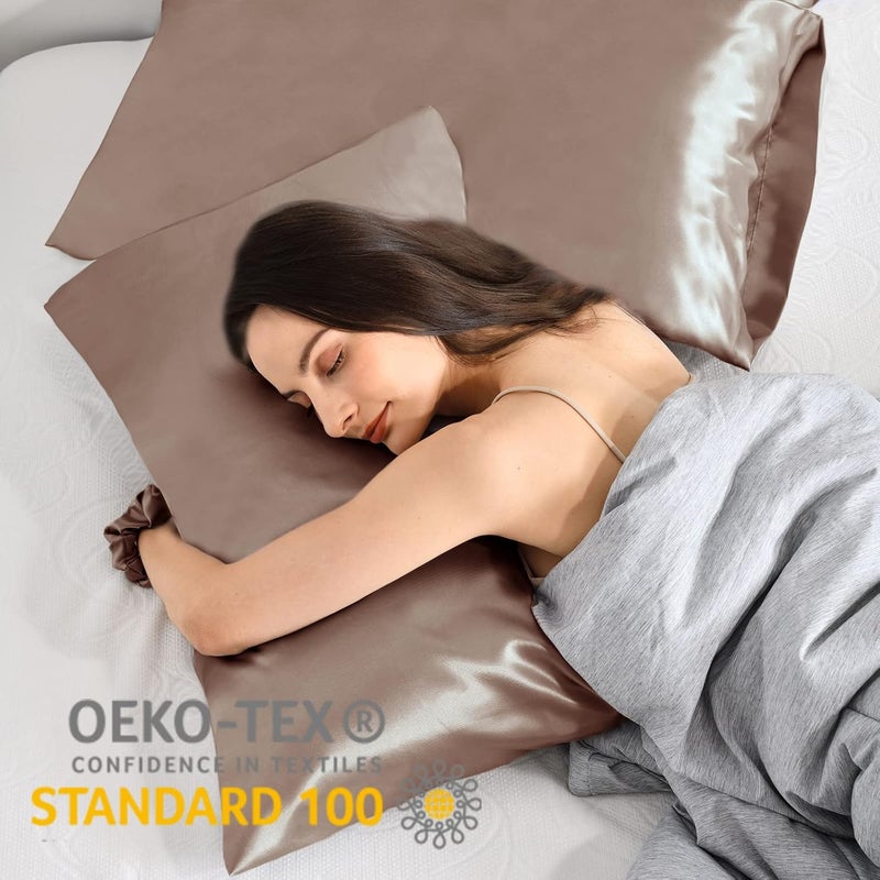 Vielit Set of 2 Satin Pillow Cases 50 x 70 cm, Oeko-Tex Certified, Similar to Silk Pillowcases, Anti-Hair Loss, and 2 Scrunchies, Taupe - Image 2