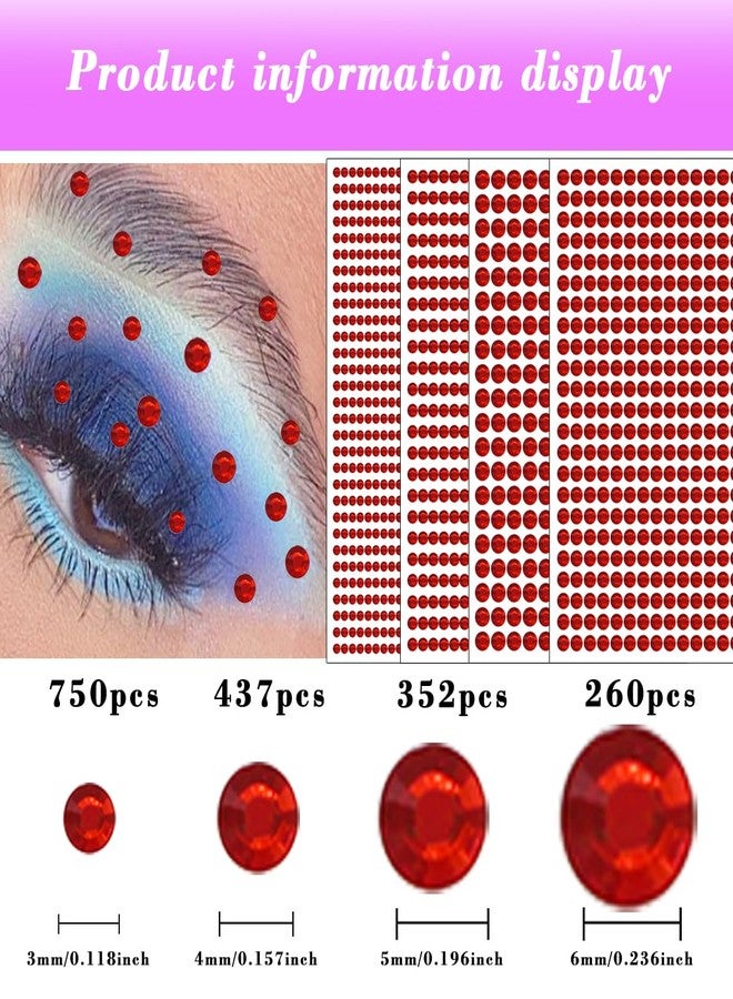 Doneace 1792 Pcs Self Adhesive Rhinestones for Makeup Face Gems Stick on Face Jewels Eyes Gems Face Stickers Dotting Tools for Nail Art Body Eye Makeup Crafts Decoration Stick on Body Crystal Jewels (Big Red - Image 2