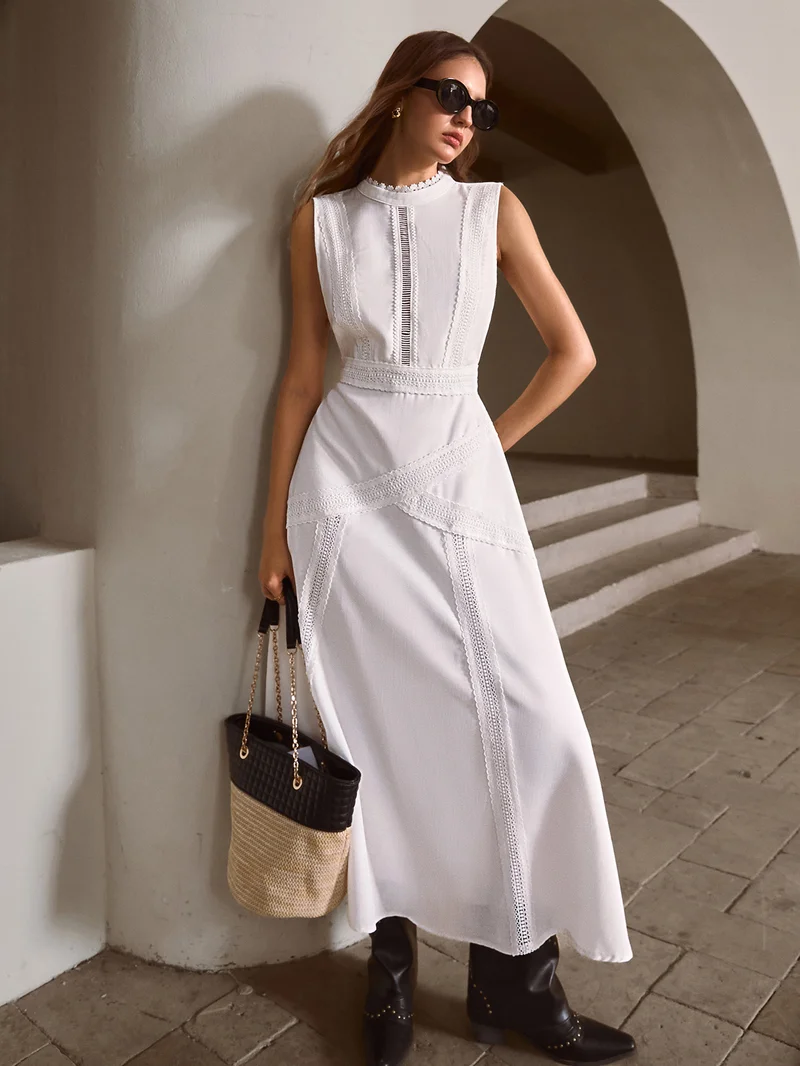 Simplee Mock Neck Sleeveless Maxi Dress, Waist Cinched Flared Skirt, Minimal Elegant Solid Long Dress