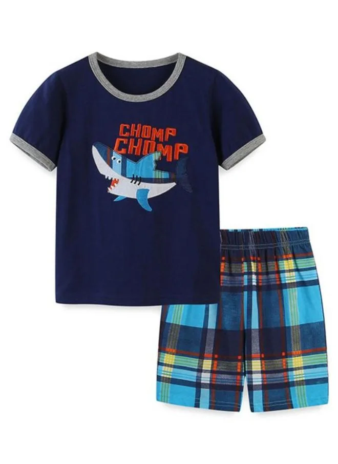 يونيكي Navy Blue Crew Neck Short Sleeve Printed Tshirt & Shorts