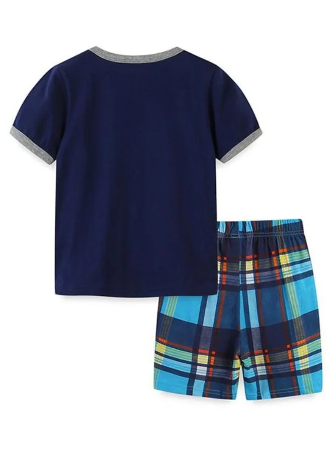 يونيكي Navy Blue Crew Neck Short Sleeve Printed Tshirt & Shorts