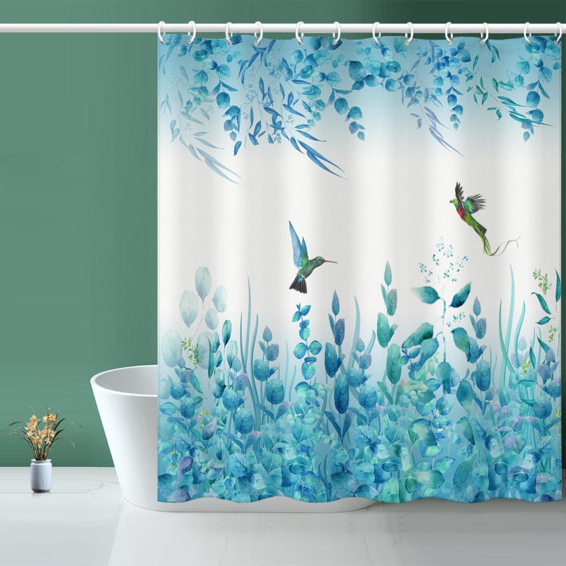 Niidder Blue Leaf Shower Curtain  Kingfisher Shower Curtain -72 ""W x 72"" L with 12 Hooks  Weighted Hem Shower Curtain  Waterproof Bathroom Shower Curtain  Blue Leaf Kingfisher Shower Curtain - Image 1