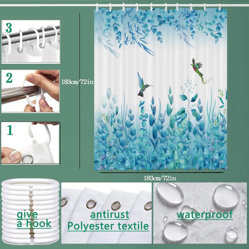 Niidder Blue Leaf Shower Curtain  Kingfisher Shower Curtain -72 ""W x 72"" L with 12 Hooks  Weighted Hem Shower Curtain  Waterproof Bathroom Shower Curtain  Blue Leaf Kingfisher Shower Curtain - Image 5
