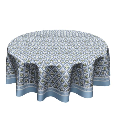 Anyako Blue and Green Tablecloth Round Tablecloth Boho Blue Flowers Table Cloth 60 Inch French Blue Block Print Table Cover Bohemian Tablecover Reusable Polyester for Kitchen Dining Home Outdoor Decor - Image 1