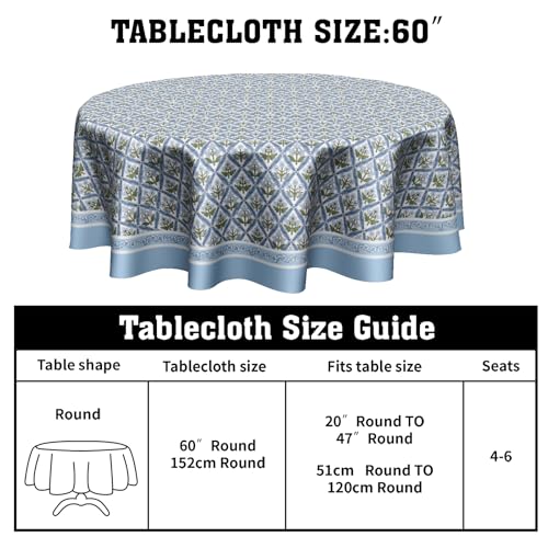 Anyako Blue and Green Tablecloth Round Tablecloth Boho Blue Flowers Table Cloth 60 Inch French Blue Block Print Table Cover Bohemian Tablecover Reusable Polyester for Kitchen Dining Home Outdoor Decor - Image 2