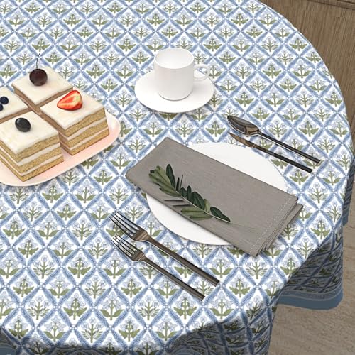 Anyako Blue and Green Tablecloth Round Tablecloth Boho Blue Flowers Table Cloth 60 Inch French Blue Block Print Table Cover Bohemian Tablecover Reusable Polyester for Kitchen Dining Home Outdoor Decor - Image 5