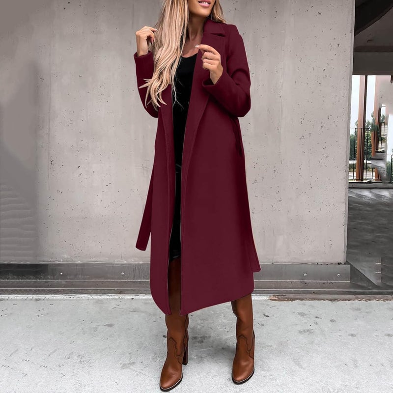 woobles Women's Faux Wool Notch Lapel Double Breasted Trench Belted Mid Long Outwear Winter Coat Slim Long Pea Coat Overcoat Large 004-wine - Image 1