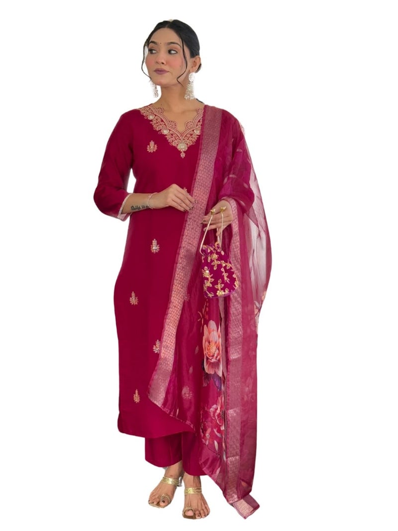 Naixa Women's Gajri Viscose Embroidered Straight Kurta with Viscose Pant and Jacquard Printed Dupatta Sets (NX-690-Gajri-S) - Image 1