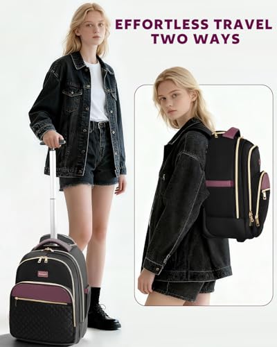 Arcoyard Small Rolling Backpack for Women with Wheels, Roller Laptop Travel Backpack, Lightweight Water Resistant Wheeled Underseat Carry On Luggage for Work and College, Black Purple - Image 4