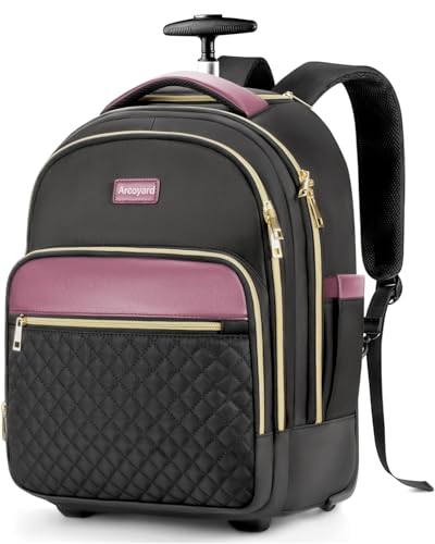 Arcoyard Small Rolling Backpack for Women with Wheels, Roller Laptop Travel Backpack, Lightweight Water Resistant Wheeled Underseat Carry On Luggage for Work and College, Black Purple - Image 1
