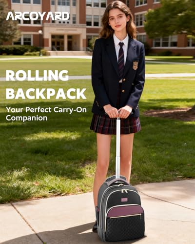 Arcoyard Small Rolling Backpack for Women with Wheels, Roller Laptop Travel Backpack, Lightweight Water Resistant Wheeled Underseat Carry On Luggage for Work and College, Black Purple - Image 2