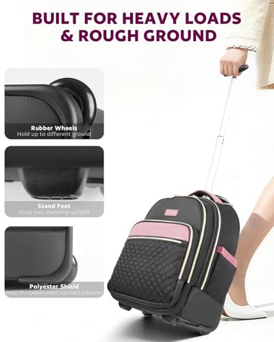 Arcoyard Small Rolling Backpack for Women with Wheels, Roller Laptop Travel Backpack, Lightweight Water Resistant Wheeled Underseat Carry On Luggage for Work and College, Black Purple - Image 5
