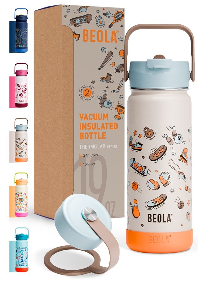 BEOLA 550ml Kids Water Bottle 18/8 Stainless Steel Double Wall Insulated Thermos Bottle with Straw Lid and Wide Mouth, Hot Cold Liquids Sports School Bottle (19oz, Sports Day)  - Image 1