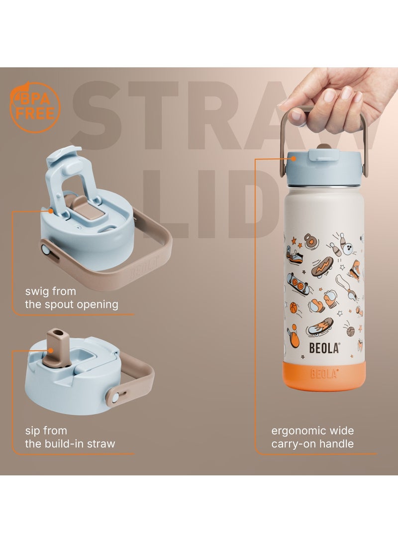 BEOLA 550ml Kids Water Bottle 18/8 Stainless Steel Double Wall Insulated Thermos Bottle with Straw Lid and Wide Mouth, Hot Cold Liquids Sports School Bottle (19oz, Sports Day)  - Image 4