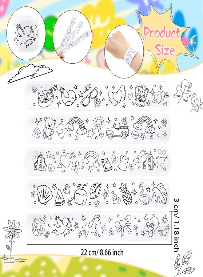 Flahard 100 Pcs Coloring Cartoon Slap Bracelets Bulk White Slap Bands 8.7 x 1.2 Inch DIY Slap Bracelet for Kids Birthday Party Favors DIY Craft Classroom Craft Projects Prizes, 5 Styles - Image 2
