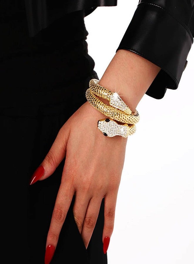 Obmyec Rhinestone Snake Bangle Bracelet Crystal Chunky Layered Stretch Hand Chain Jewelry Cuff Bracelet Egyptian Costume for Women(Gold) - Image 2