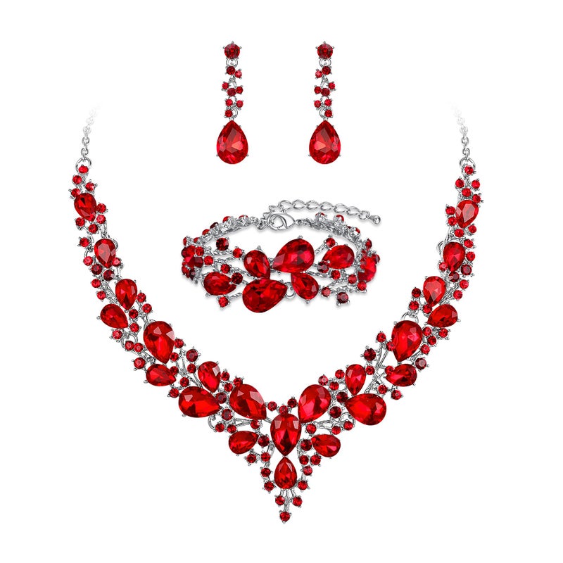 BriLove Wedding Bridal Jewelery for Women Austrian Crystal Teardrop Cluster Statement Necklace Dangle Earrings Link Bracelet Set Ruby Color Silver-Tone - Image 1