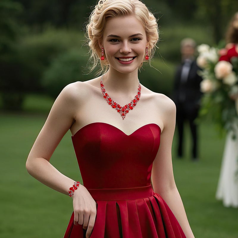 BriLove Wedding Bridal Jewelery for Women Austrian Crystal Teardrop Cluster Statement Necklace Dangle Earrings Link Bracelet Set Ruby Color Silver-Tone - Image 2