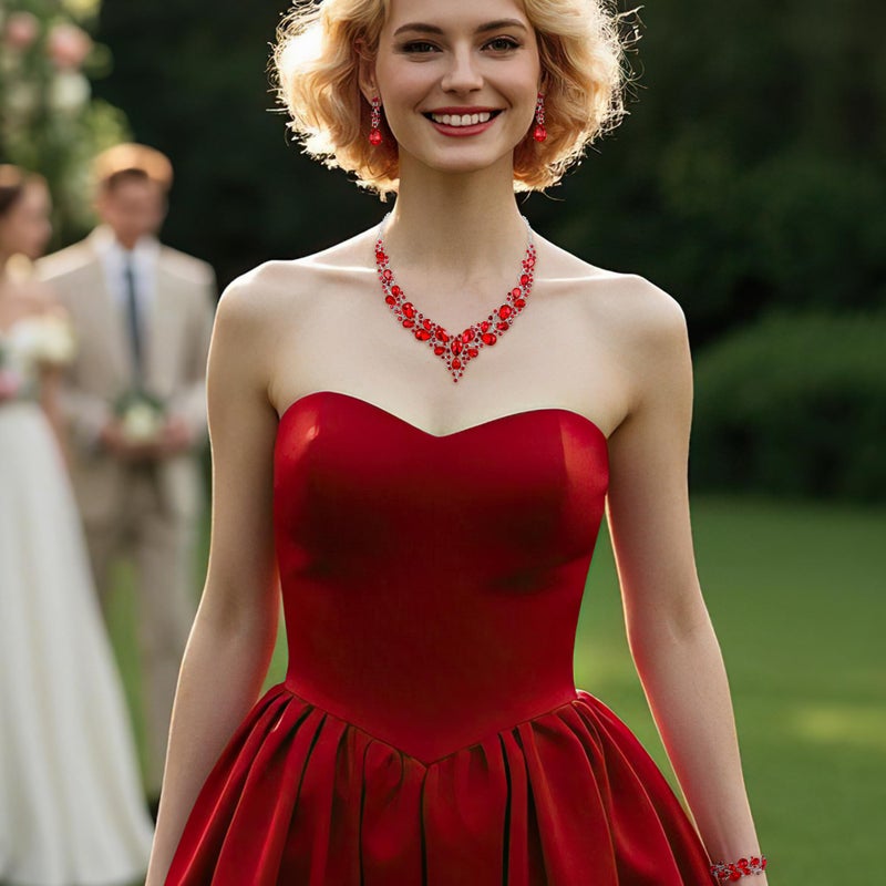 BriLove Wedding Bridal Jewelery for Women Austrian Crystal Teardrop Cluster Statement Necklace Dangle Earrings Link Bracelet Set Ruby Color Silver-Tone - Image 4