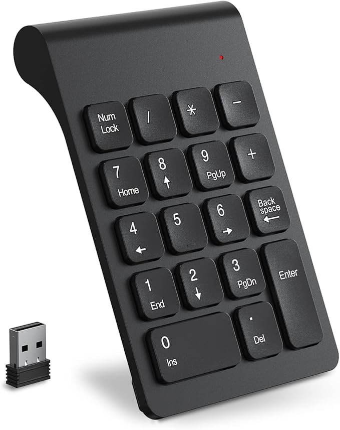 Wefly Wireless Numeric Keypad, 2.4G Portable Ergonomic Mini Numpad with USB Receiver 18Keys Office Calculating Number Pads for Laptop, Notebook, Desktop, Computer, PC (Black) - Image 1
