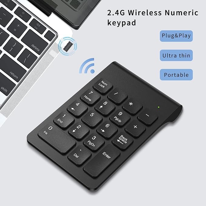 Wefly Wireless Numeric Keypad, 2.4G Portable Ergonomic Mini Numpad with USB Receiver 18Keys Office Calculating Number Pads for Laptop, Notebook, Desktop, Computer, PC (Black) - Image 3