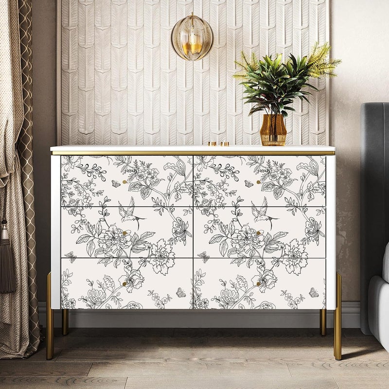 Froluya Black and Cream White Floral Wallpaper Peel and Stick Wallpaper 17.7inÃ—118.1in Vintage Floral Contact Paper Flowers Birds Removable Self Adhesive Decorative Wall Paper for Bathroom Cabinets - Image 4
