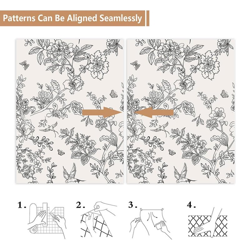 Froluya Black and Cream White Floral Wallpaper Peel and Stick Wallpaper 17.7inÃ—118.1in Vintage Floral Contact Paper Flowers Birds Removable Self Adhesive Decorative Wall Paper for Bathroom Cabinets - Image 5
