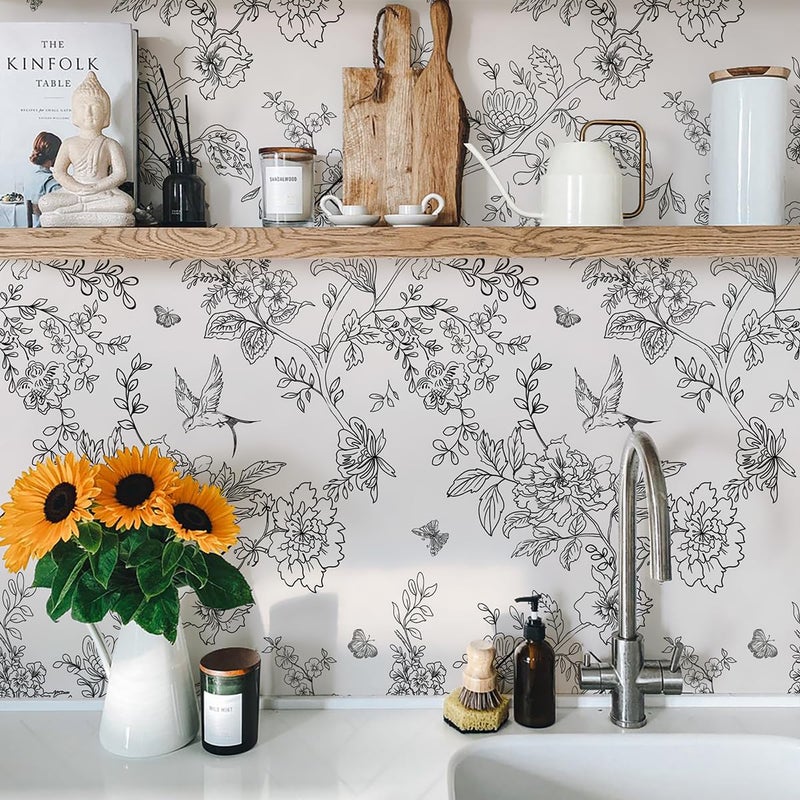 Froluya Black and Cream White Floral Wallpaper Peel and Stick Wallpaper 17.7inÃ—118.1in Vintage Floral Contact Paper Flowers Birds Removable Self Adhesive Decorative Wall Paper for Bathroom Cabinets - Image 3