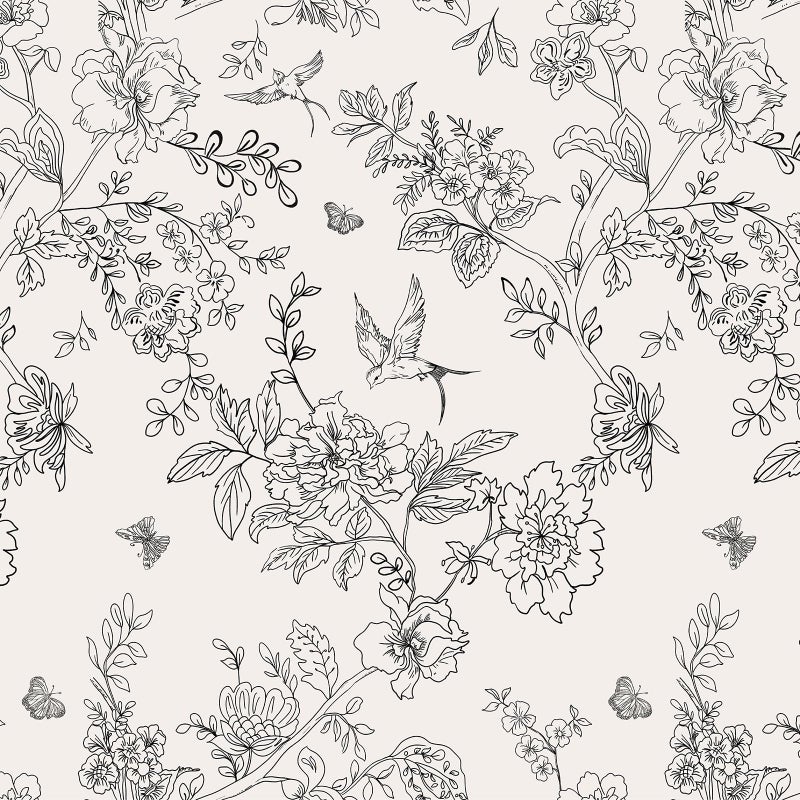 Froluya Black and Cream White Floral Wallpaper Peel and Stick Wallpaper 17.7inÃ—118.1in Vintage Floral Contact Paper Flowers Birds Removable Self Adhesive Decorative Wall Paper for Bathroom Cabinets - Image 1